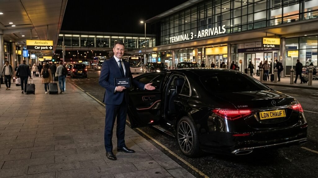 Chauffeur driver standing with his luxury mercedes car outside Airport