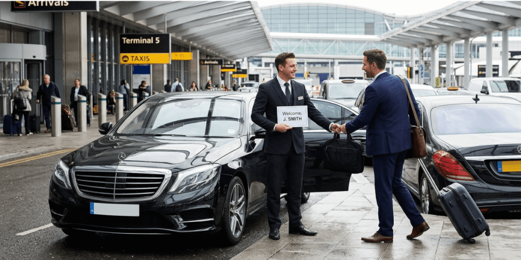 Executive airport transfer chauffeur greeting passenger