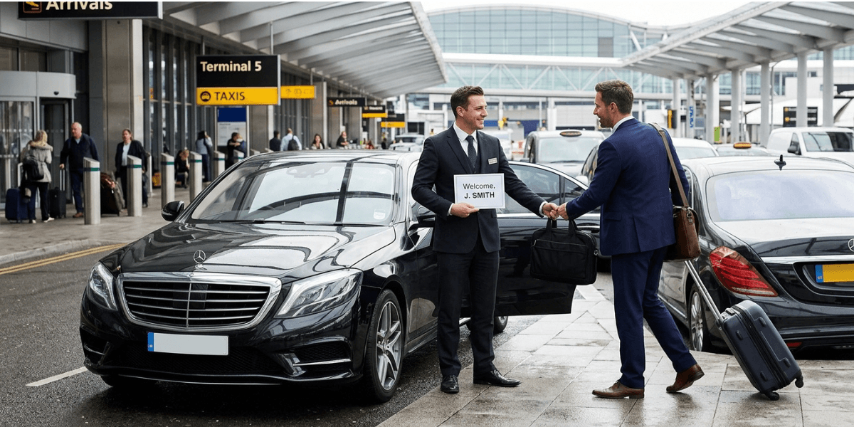 Executive airport transfer chauffeur greeting passenger