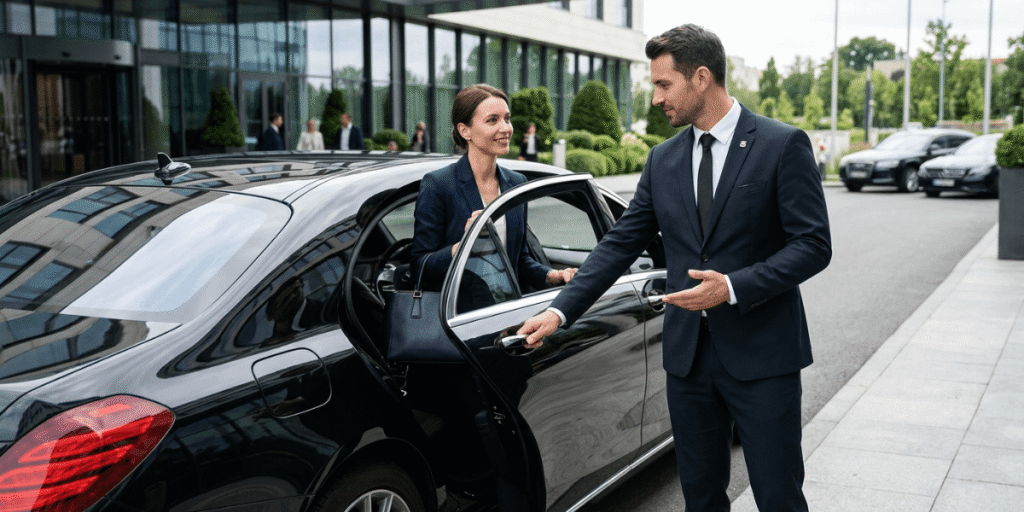 Professional chauffeur opening a luxury car door for a passenger.