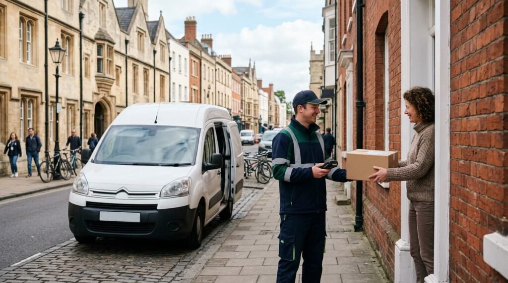 A man delivers a package to a woman on a city street, with pedestrians and buildings in the background.