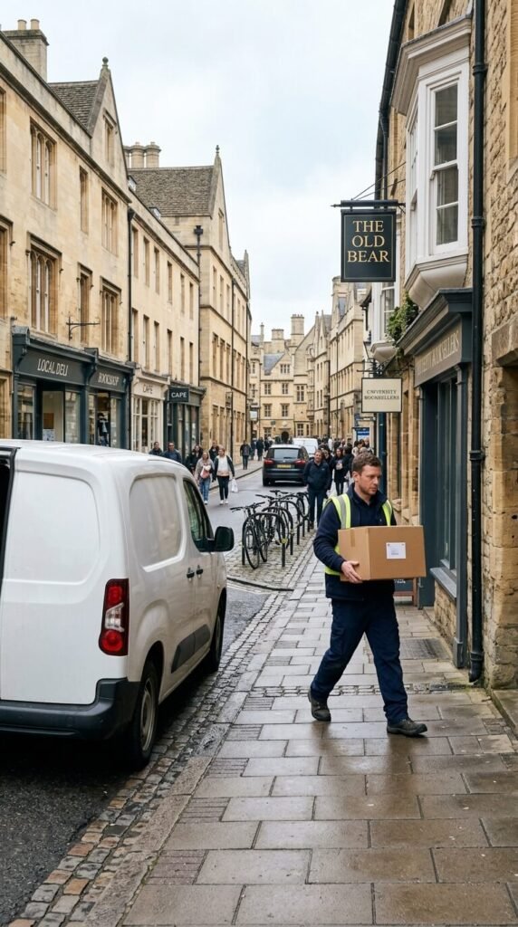 A man walking down a street while carrying a large box in his arms.