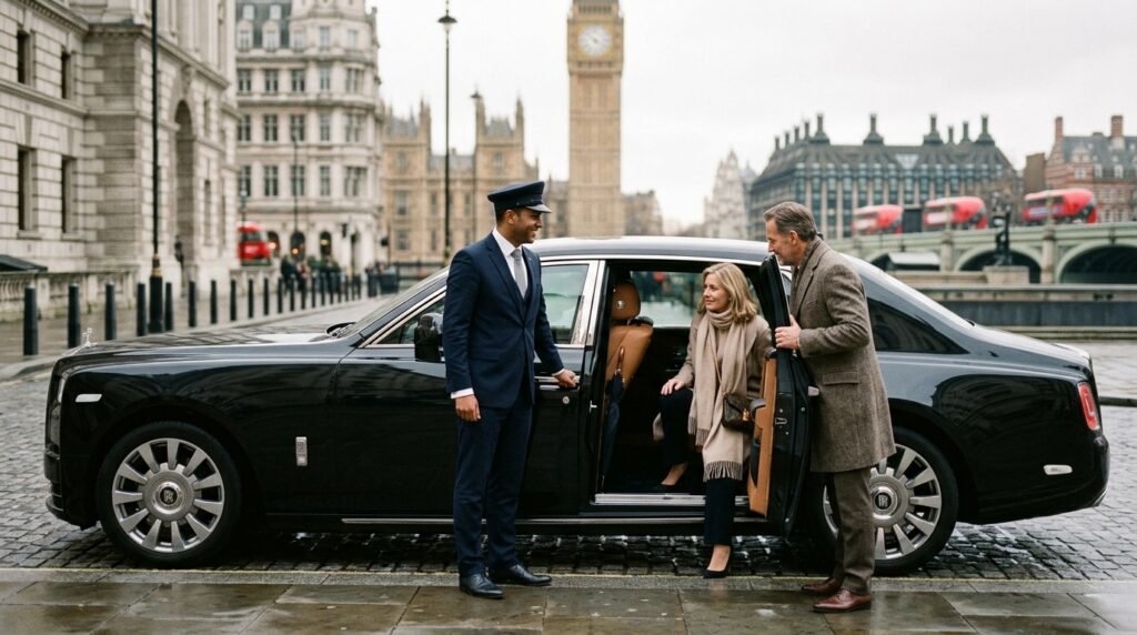 A man and woman are entering a luxurious Rolls Royce, showcasing elegance and sophistication.