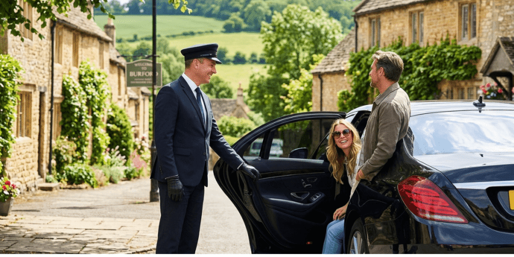 A man and woman are entering a car, with the man holding the door open for the woman